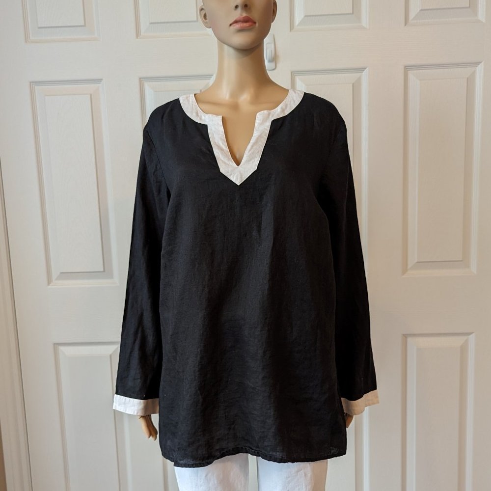 Lauren Ralph Lauren 100% Linen Tunic Top Black with White V Neck Size 1X